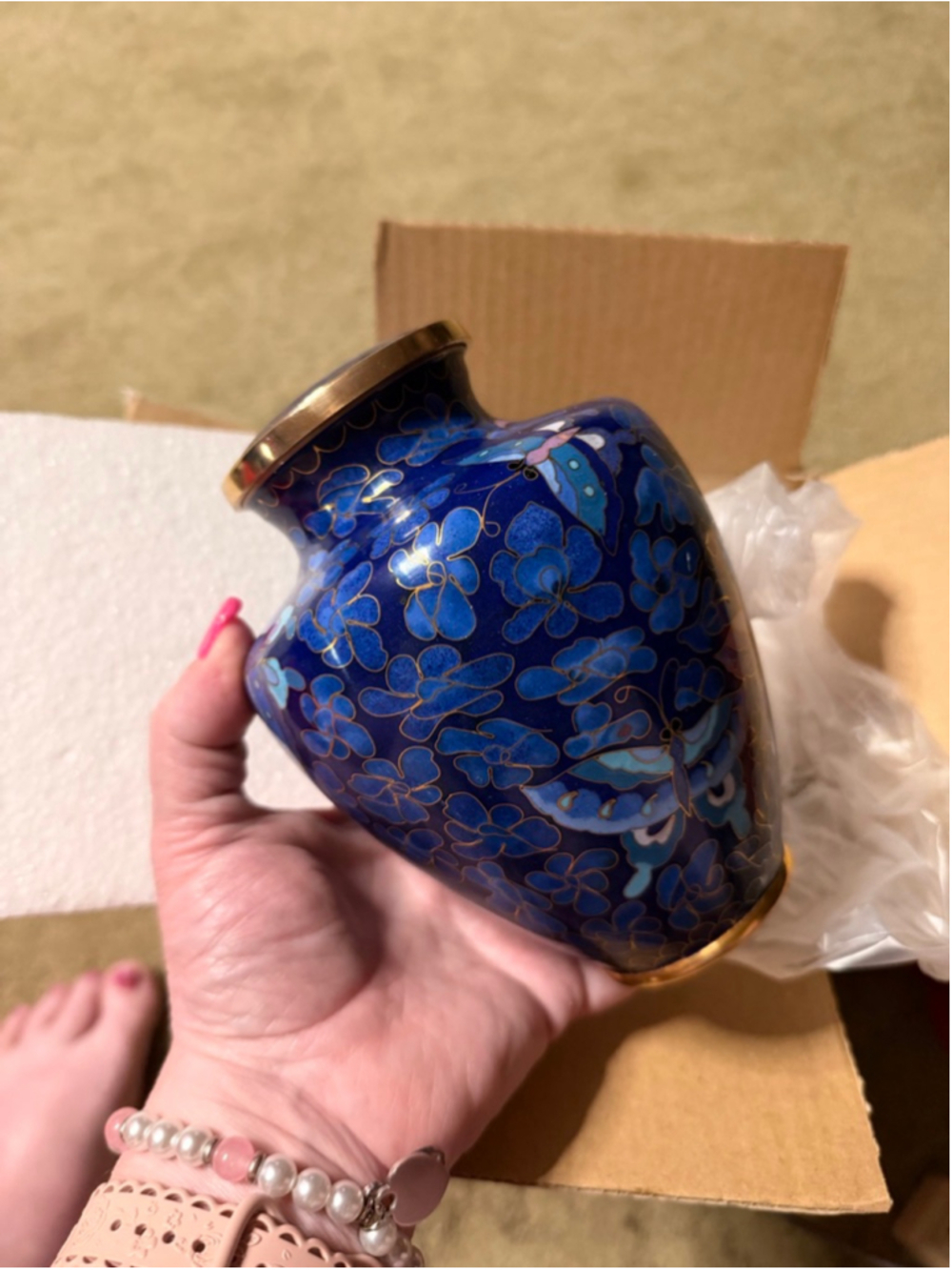 Blue Gold Cloisonne Butterfly Memorial Urn Small - Picture 8 of 16